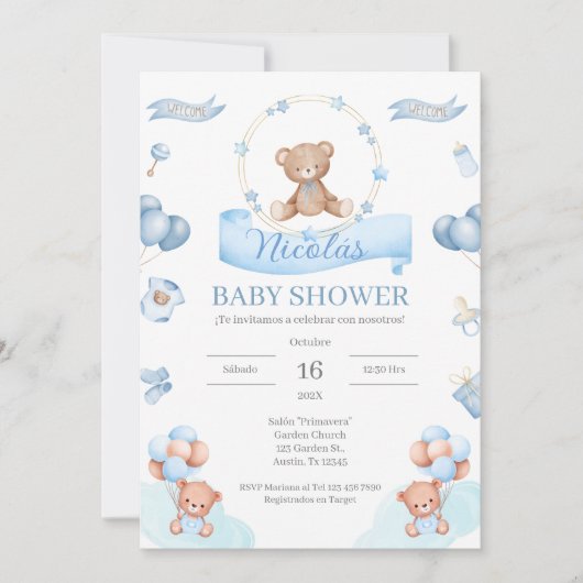 Spaans Blauw Beer Baby shower Uitnodiging (Voorkant)