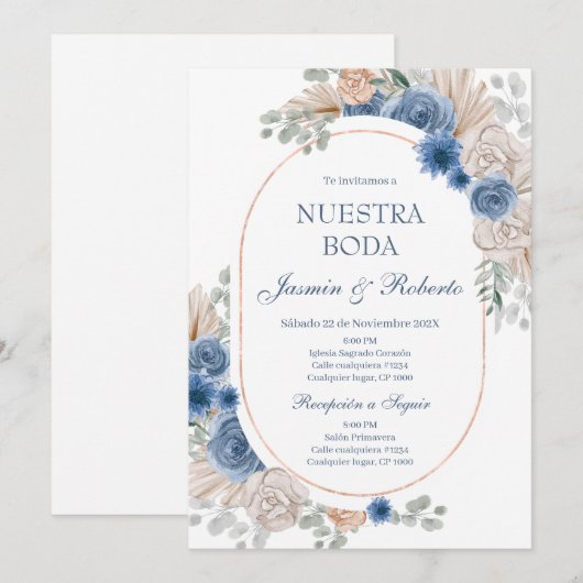 Spaans Blauw Bloemen Bruiloft Kaart (Voorkant / Achterkant)