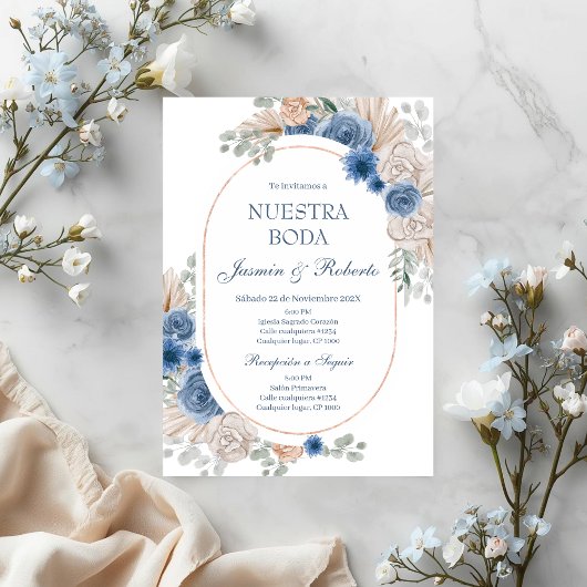 Spaans Blauw Bloemen Bruiloft Kaart