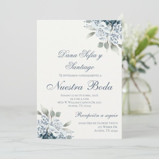 Spaans Blauw bloemenbruiloft Kaart (Staand voorkant)