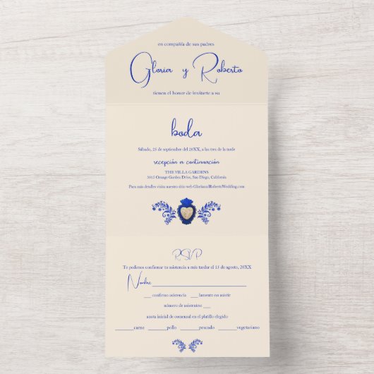 Spaans, Blauw Champagne Hart Mexicaanse Bruiloft All In One Uitnodiging (Binnen)