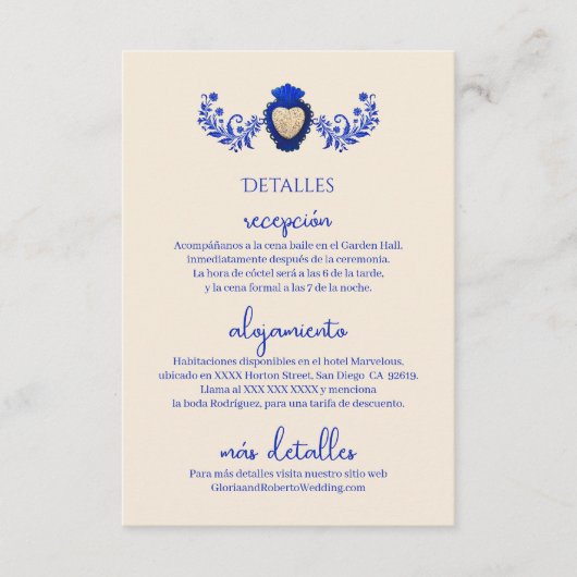 Spaans, Blauw Champagne Hart Mexicaanse Bruiloft Informatiekaartje (Voorkant)