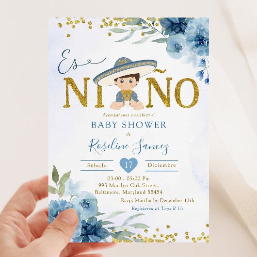 Spaans blauw Charro Boy Es niño Baby shower Kaart