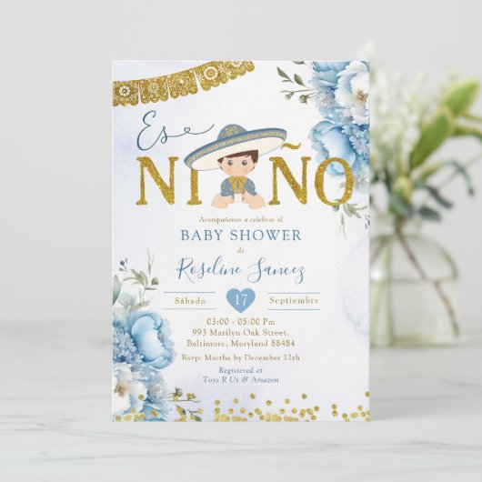 Spaans blauw Charro Boy Es niño Baby shower Kaart (Staand voorkant)
