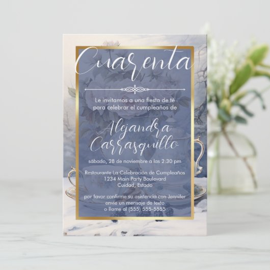 Spaans Blauw Chic  Tea Party 40e verjaardag Kaart (Staand voorkant)