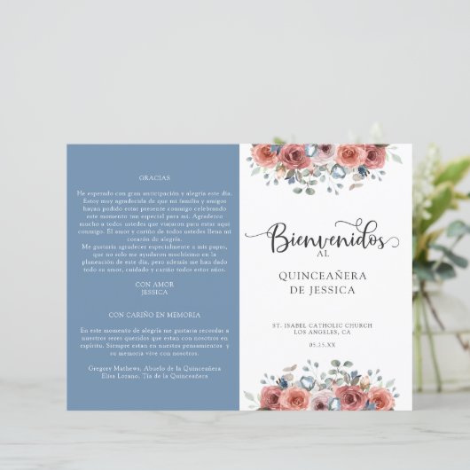 Spaans, blauw en blush Floral Quinceanera-programm (Staand voorkant)