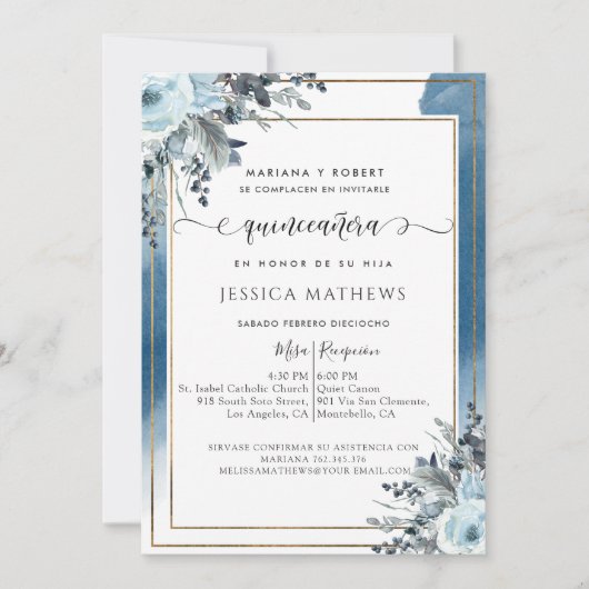 Spaans Blauw Quinceañera Waterverf met Bloemen Kaart (Voorkant)