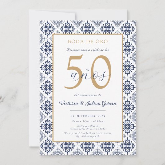 Spaans Blauw Wit Jubileum Uitnodiging (Voorkant)