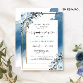 Spaans, Blauwe Quinceañera Waterverf en Bloemen Kaart