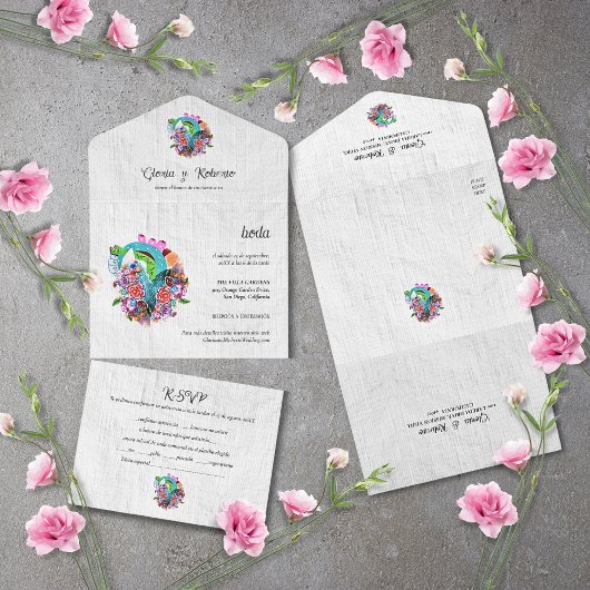 Spaans, bloemenhart Mexicaanse bruiloft All In One Uitnodiging