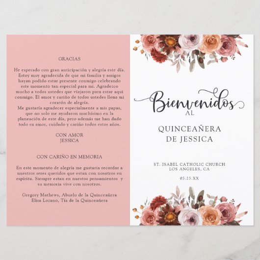 Spaans Blush Burgundy Floral Quinceanera-programma (Voorkant)