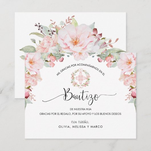 Spaans, Blush en Mint Baptisme Hartelijk dank Bedankkaart (Voorkant / Achterkant)