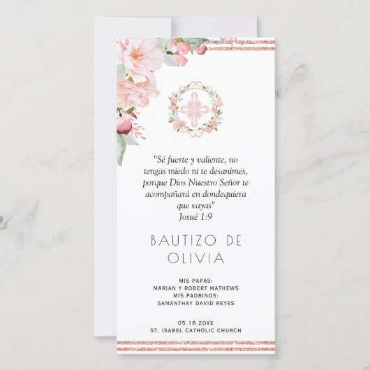 Spaans Blush, Mint Floral Baptism Bladwijzer Favor Bedankkaart (Voorkant)