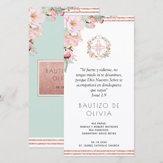 Spaans Blush, Mint Floral Baptism Bladwijzer Favor Bedankkaart (Voorkant / Achterkant)