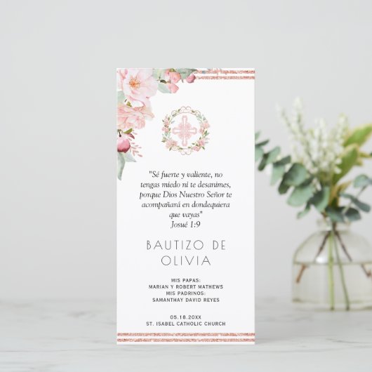 Spaans Blush, Mint Floral Baptism Bladwijzer Favor Bedankkaart (Staand voorkant)