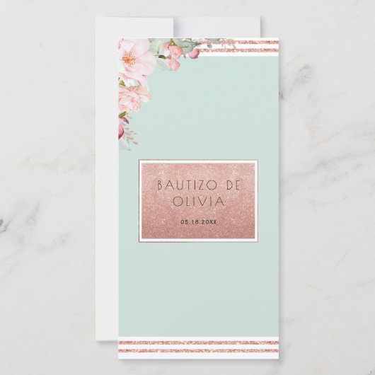 Spaans Blush, Mint Floral Baptism Bladwijzer Favor Bedankkaart (Achterkant)