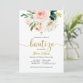 Spaans Blush Pink Floral Bautizo Invitacion Kaart (Staand voorkant)