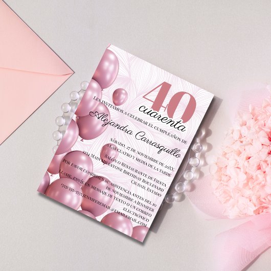 Spaans Blush Roos Bloemen Ballonnen 40e Verjaardag Kaart