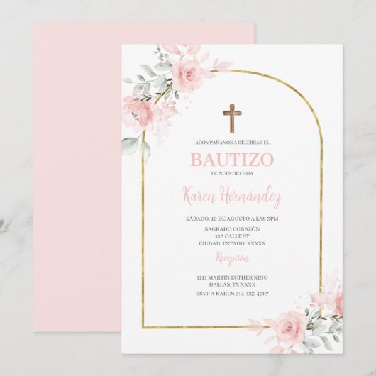 Spaans Blush Roze Doop Kaart (Voorkant / Achterkant)