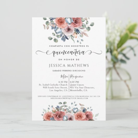 Spaans, Blush Roze en Blauw Bloemen Quinceañera Kaart (Staand voorkant)