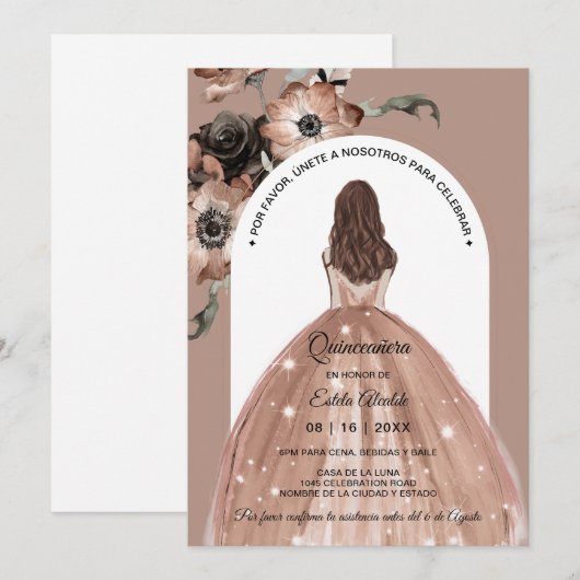 Spaans Boho Arch Pink Floral Quinceañera Kaart (Voorkant / Achterkant)