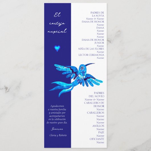 Spaans, Boho Blue kolibries Mexicaanse bruiloft Programmakaart (Achterkant)
