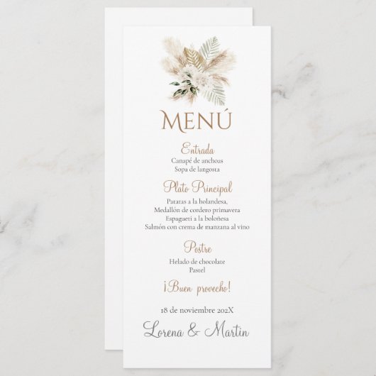 Spaans Boho Bruiloft Menu (Voorkant / Achterkant)