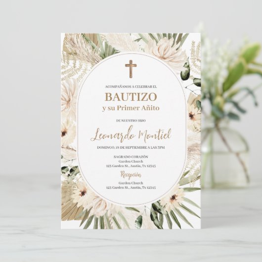 Spaans Boho Doop Bloemen Uitnodiging (Staand voorkant)