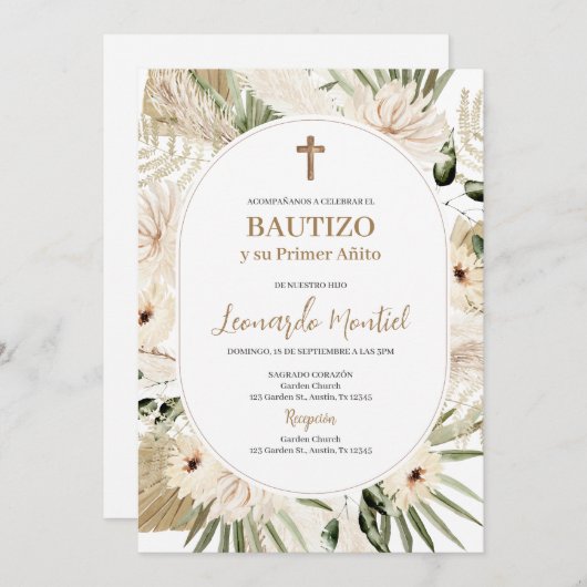Spaans Boho Doop Bloemen Uitnodiging (Voorkant / Achterkant)