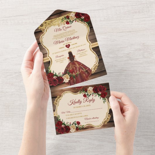 Spaans Bourgogne Bloemen Rustiek Hout Mis Quince All In One Uitnodiging (Afscheurbaar)