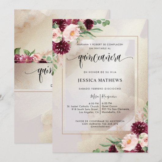 Spaans, Bourgogne, Blush en Champagne Quinceañera Kaart (Voorkant / Achterkant)