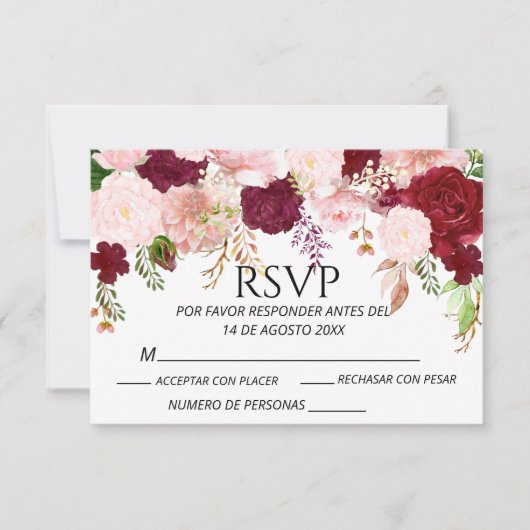 Spaans Bourgondië Blush Roze Bloemen RSVP bruiloft (Voorkant)