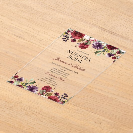 Spaans Bourgondië Floral bruiloft Acryl Uitnodigingen (Laagn)