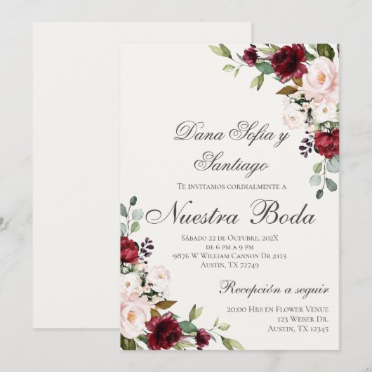 Spaans Bourgondië Floral bruiloft Kaart (Voorkant / Achterkant)