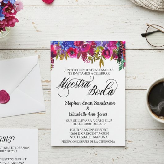 Spaans bruiloft Boho Flower Nuestra Boda Kaart