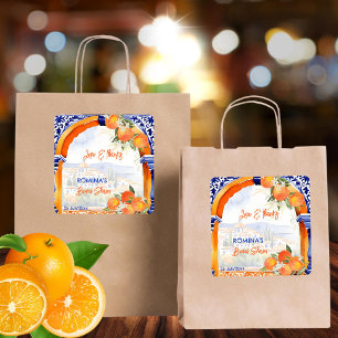 Spaans bruiloftsfeest cadeau oranje blauwe azulejo vierkante sticker