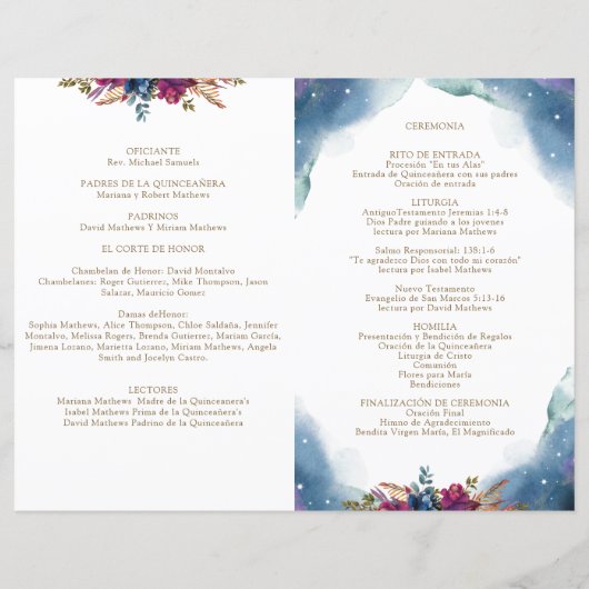 Spaans Celestial Starry Quinceañera Fold Programme (Achterkant)