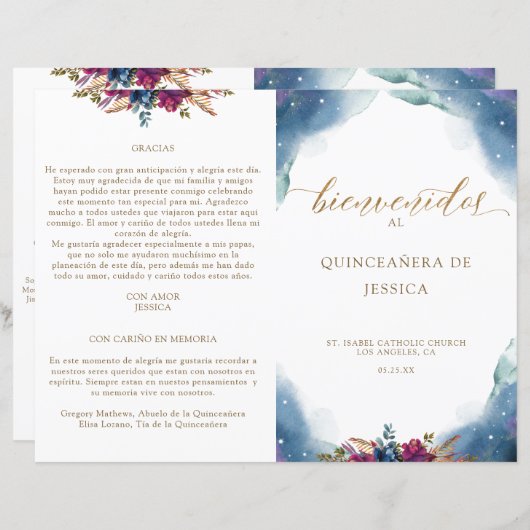Spaans Celestial Starry Quinceañera Fold Programme (Voorkant / Achterkant)