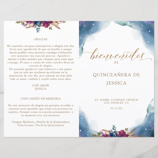 Spaans Celestial Starry Quinceañera Fold Programme (Voorkant)