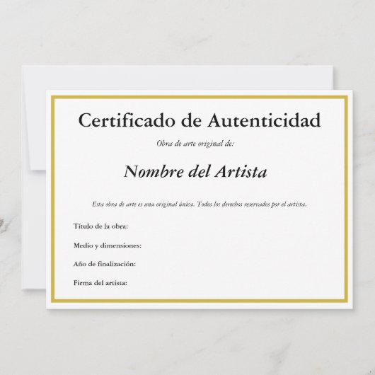 Spaans Certificaat van Authenticiteit voor Kunst Aankondiging (Voorkant)