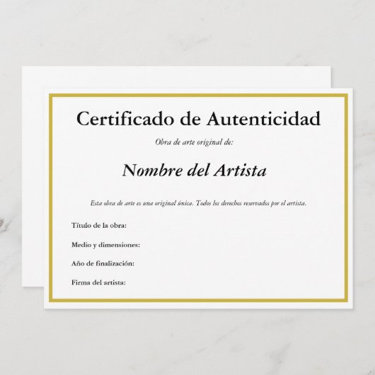 Spaans Certificaat van Authenticiteit voor Kunst Aankondiging (Voorkant / Achterkant)