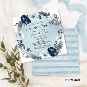 Spaans, Chic Bord Blauwe Bloemen en Folie Quinceañ Kaart