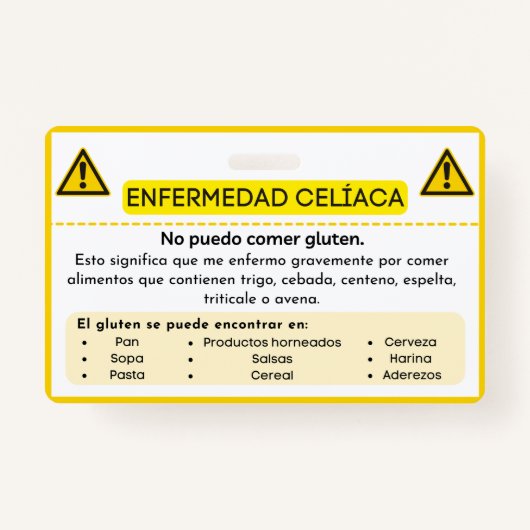 Spaans Coeliakie Glutenallergie Alert Kaart Badge (Voorkant)