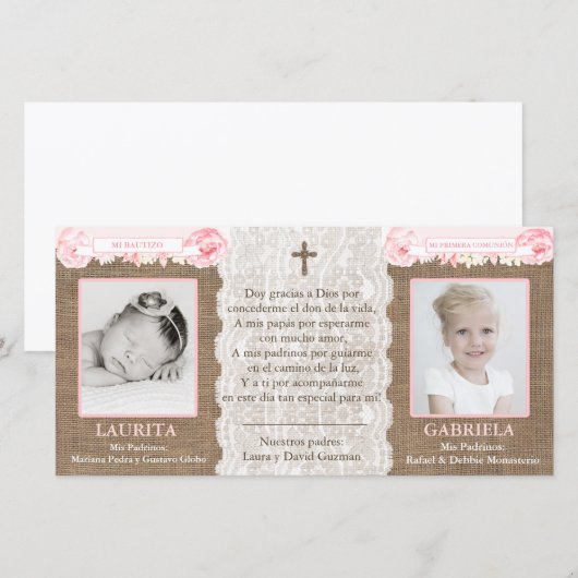 Spaans dank u kaart; sisters baptisme - gemeenscha bedankkaart (Voorkant / Achterkant)