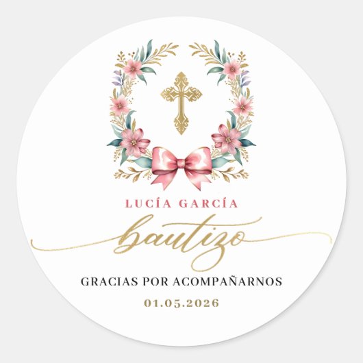 Spaans De Bautizo Gracias Goud & Roze Ronde Sticker (Voorkant)