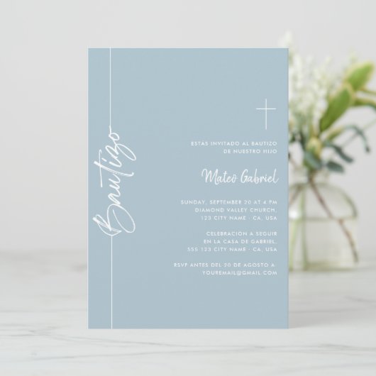Spaans Dusty Blue invitaciones de bautizo Nino Kaart (Staand voorkant)