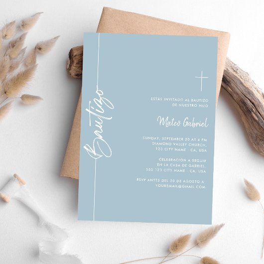 Spaans Dusty Blue invitaciones de bautizo Nino Kaart
