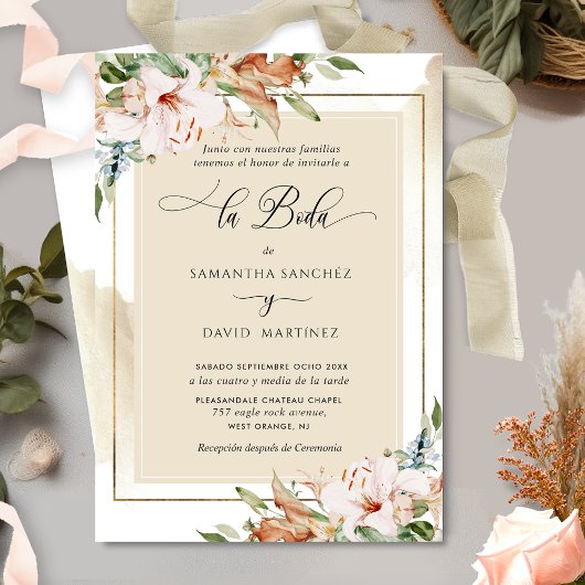 Spaans, Elegant Blush Terracotta Floral Wedding I Kaart