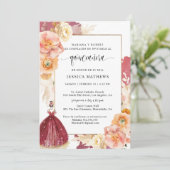 Spaans, Elegant Burgundy Floral Quinceañera Kaart (Staand voorkant)