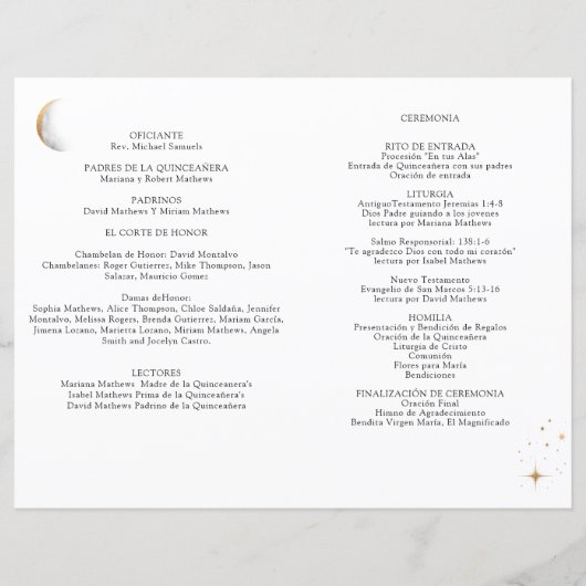 Spaans, Elegant Celestial Quinceañera Programme (Achterkant)
